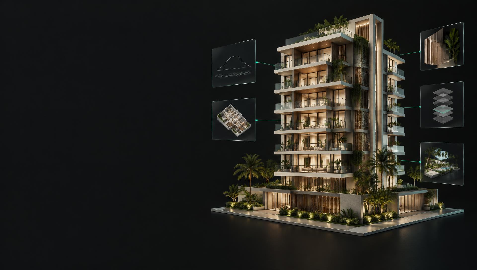 Ilustração de um edifício contemporâneo transformado em peças digitais de divulgação